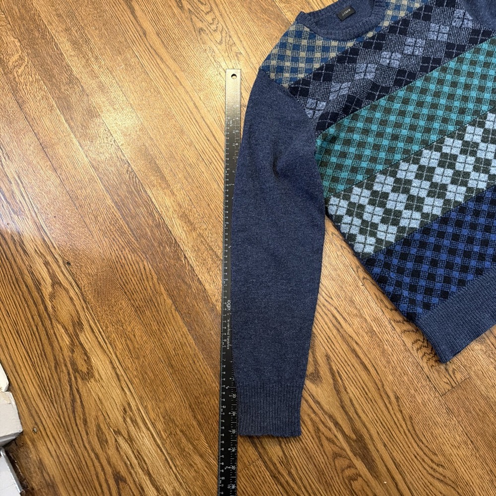 J Crew 100% LambsWool Crewneck Sweater Men's Medium Blue Argyle Diamond Preppy - Picture 6 of 10
